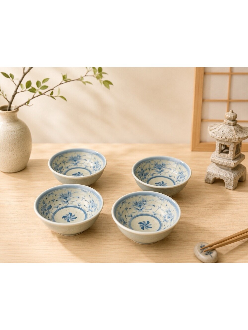 Kahō Kiln Japan 1970s Set Of 4 Rice Bowls Porcelain Blue White, 4.5x1.75”